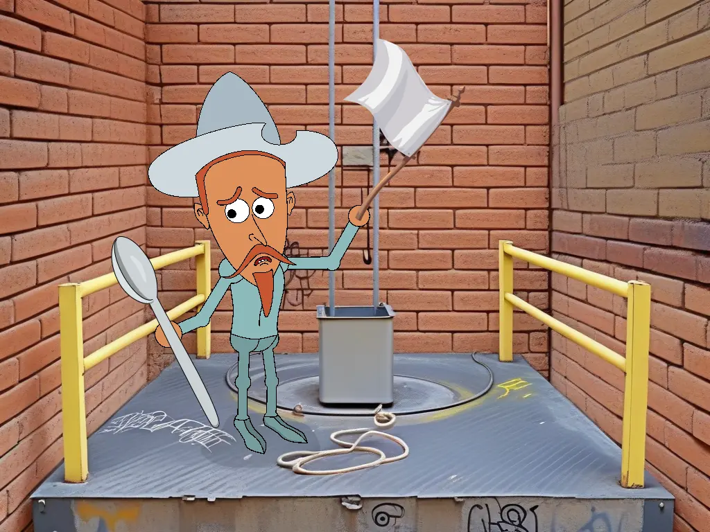 Mnemonic comic for 的: Don Quixote stands on an elevator roof holding a silver spoon and waving a white flag.